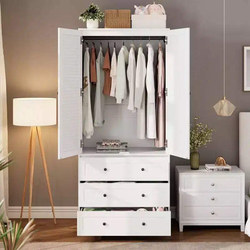 Armoire autoportante blanche avec tringle de suspension et 3 tiroirs, organisateur de placard simple