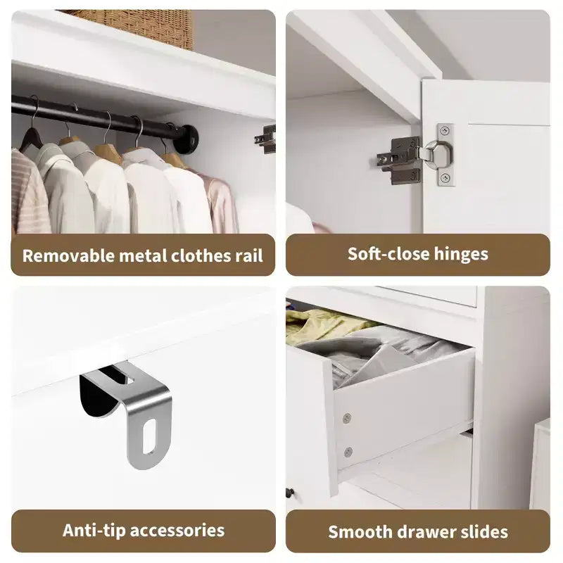 Armoire autoportante blanche avec tringle de suspension et 3 tiroirs, organisateur de placard simple