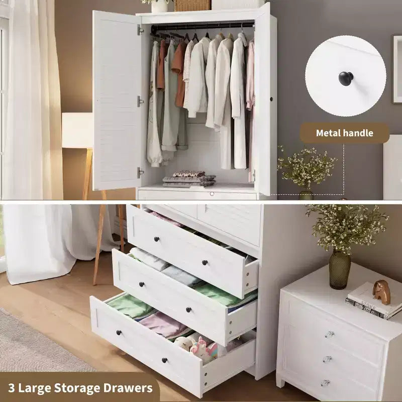 Armoire autoportante blanche avec tringle de suspension et 3 tiroirs, organisateur de placard simple