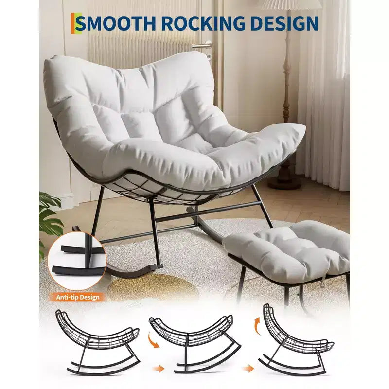 Fauteuil à bascule surdimensionné avec pouf, gris/blanc, 1 place, en osier tressé à la main