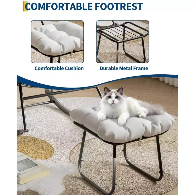 Fauteuil à bascule surdimensionné avec pouf, gris/blanc, 1 place, en osier tressé à la main