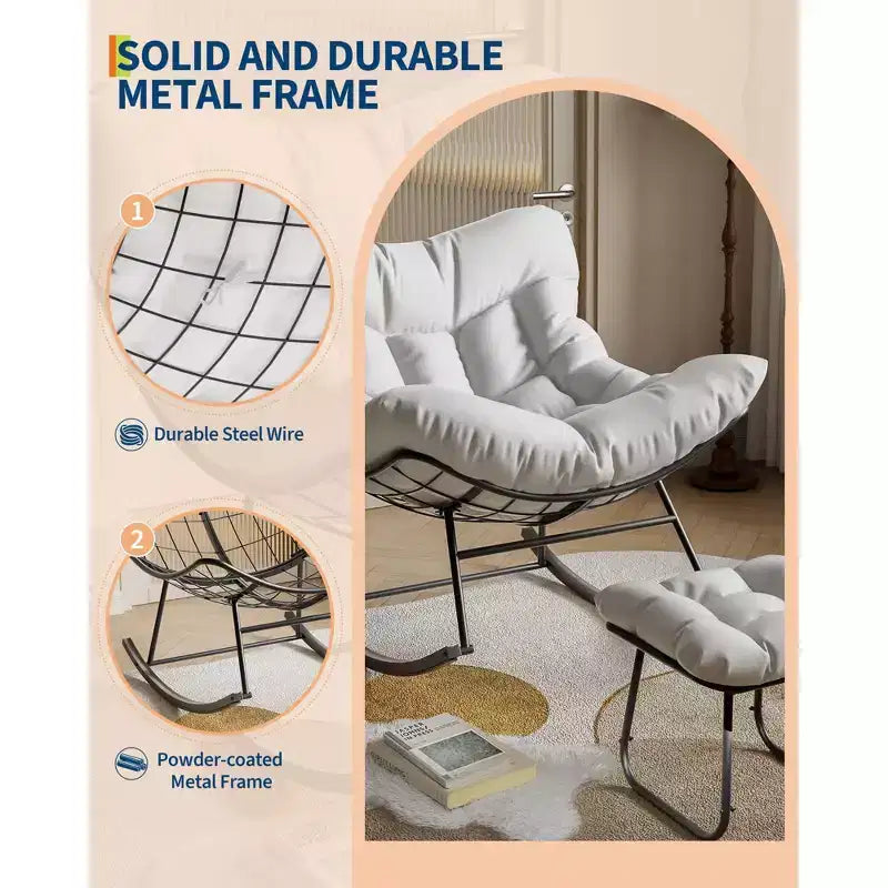 Fauteuil à bascule surdimensionné avec pouf, gris/blanc, 1 place, en osier tressé à la main