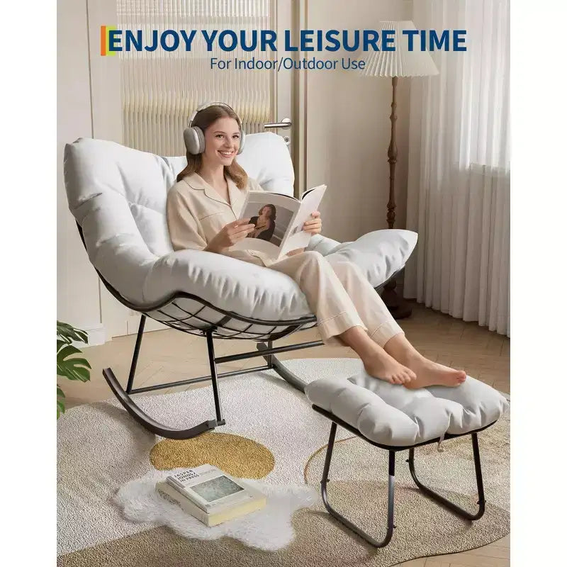 Fauteuil à bascule surdimensionné avec pouf, gris/blanc, 1 place, en osier tressé à la main