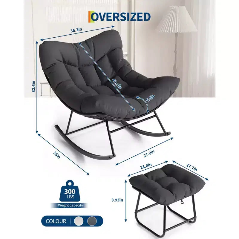 Fauteuil à bascule surdimensionné avec pouf, gris/blanc, 1 place, en osier tressé à la main