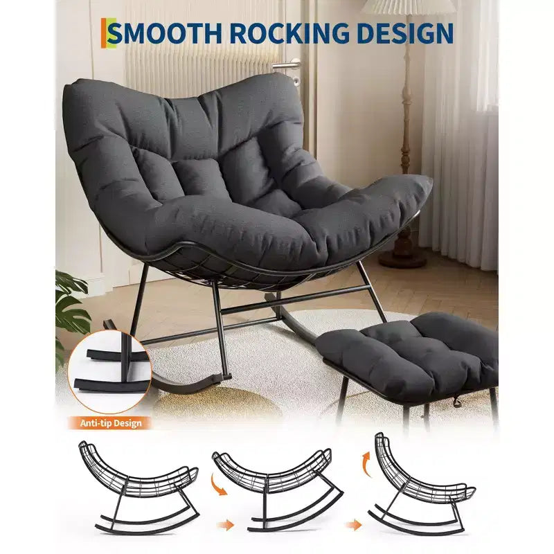 Fauteuil à bascule surdimensionné avec pouf, gris/blanc, 1 place, en osier tressé à la main