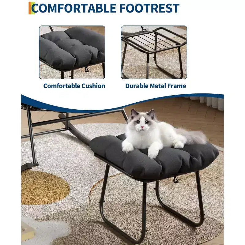 Fauteuil à bascule surdimensionné avec pouf, gris/blanc, 1 place, en osier tressé à la main