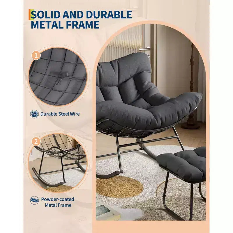 Fauteuil à bascule surdimensionné avec pouf, gris/blanc, 1 place, en osier tressé à la main