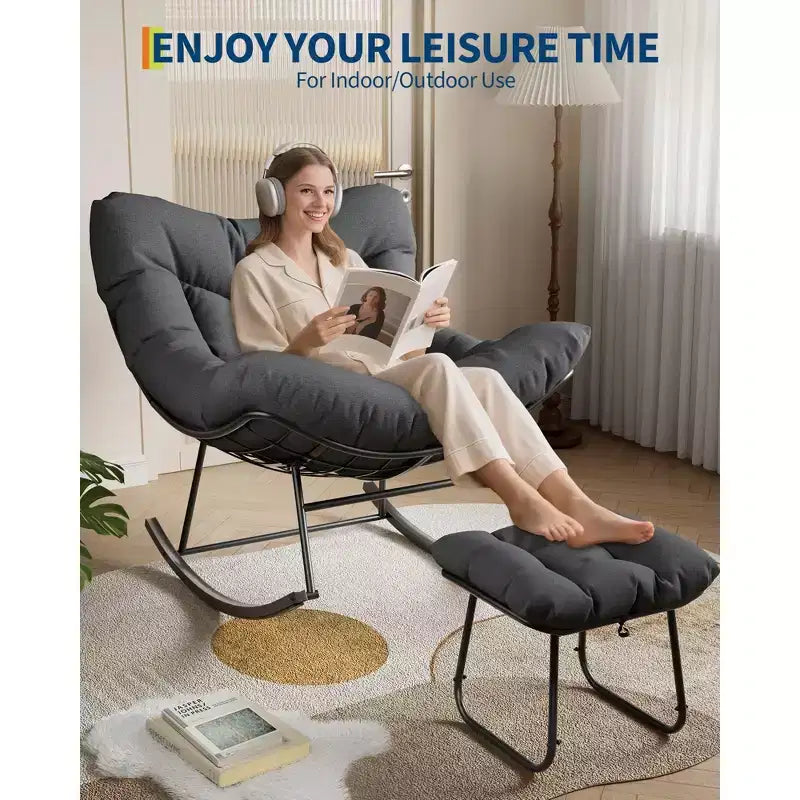 Fauteuil à bascule surdimensionné avec pouf, gris/blanc, 1 place, en osier tressé à la main