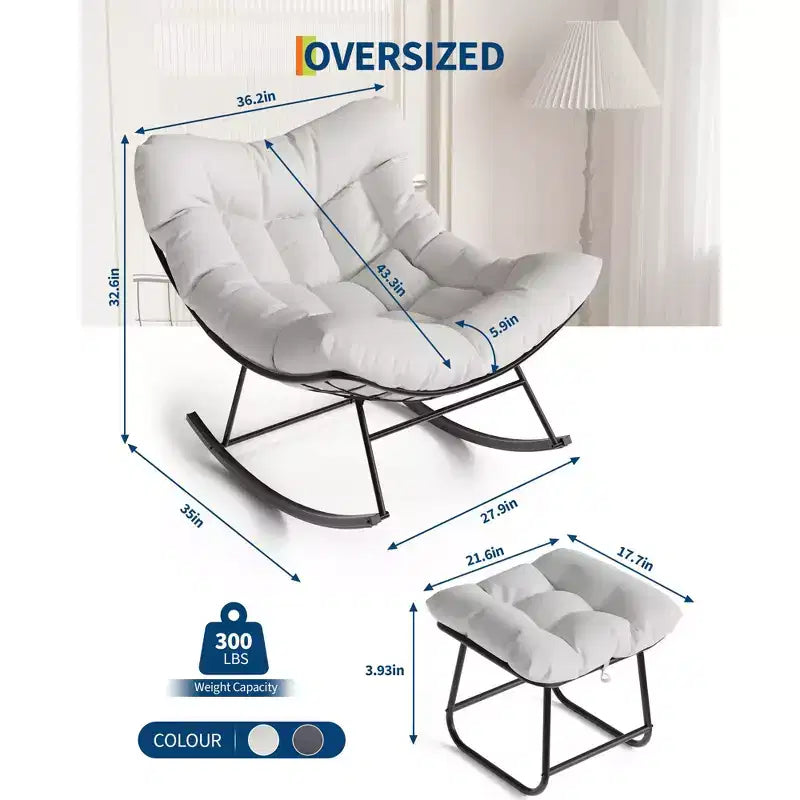 Fauteuil à bascule surdimensionné avec pouf, gris/blanc, 1 place, en osier tressé à la main