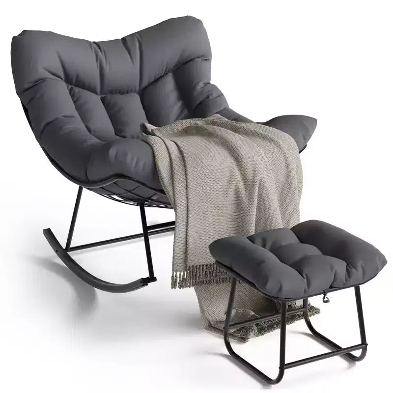 Oversized Rocking Chair Set with Ottoman, Handwoven Wicker, Soft Cushion, Ergonomic Garden Lounge Chair, for Patio, Balcony, Bedroom, Living Room