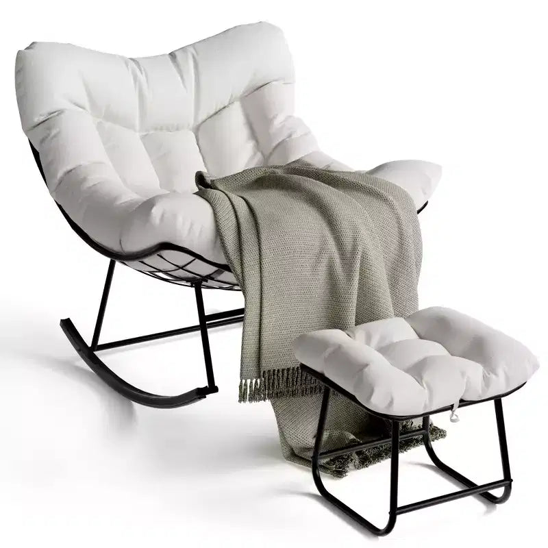 Fauteuil à bascule surdimensionné avec pouf, gris/blanc, 1 place, en osier tressé à la main