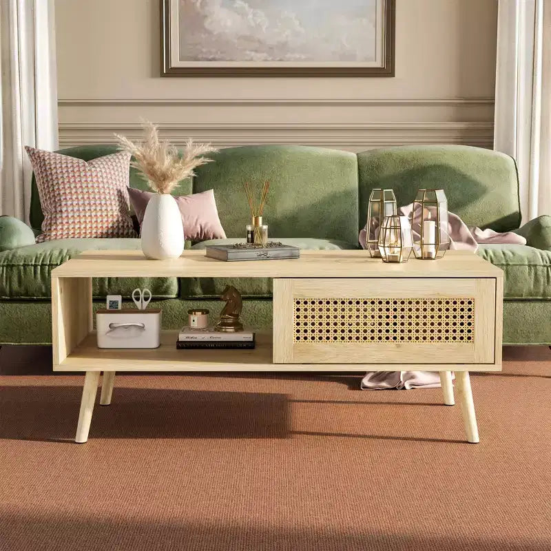 Table basse en bois – Noir/Chêne/Blanc, Boho, Porte coulissante et Étagère ouverte, 1 personne