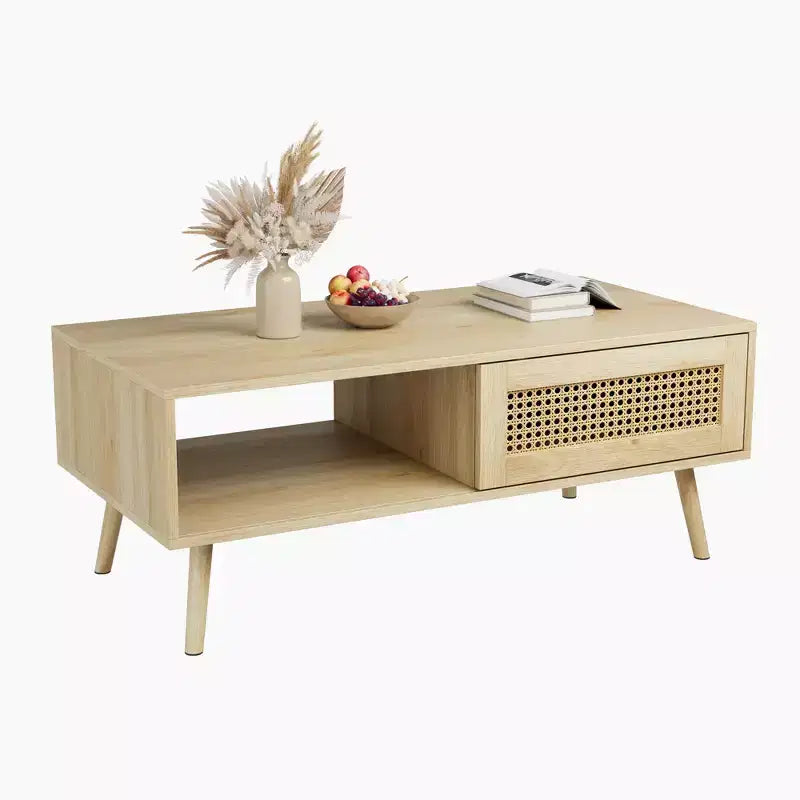 Table basse en bois – Noir/Chêne/Blanc, Boho, Porte coulissante et Étagère ouverte, 1 personne