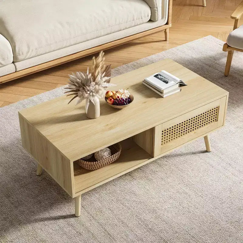 Table basse en bois – Noir/Chêne/Blanc, Boho, Porte coulissante et Étagère ouverte, 1 personne