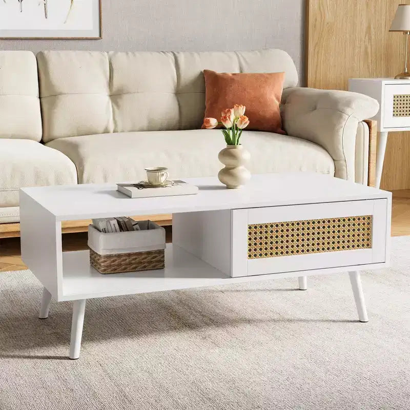 Table basse en bois – Noir/Chêne/Blanc, Boho, Porte coulissante et Étagère ouverte, 1 personne