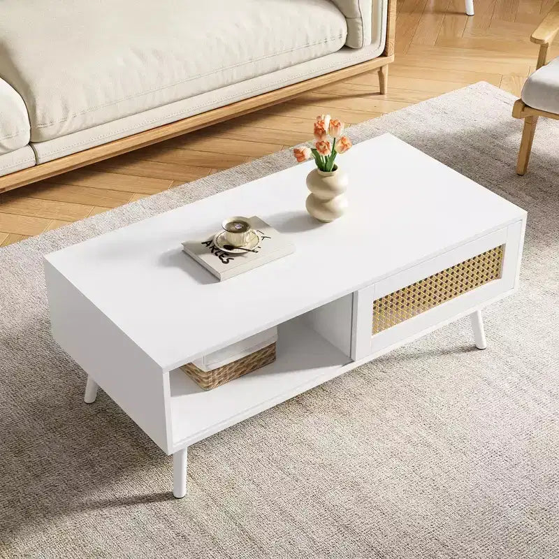 Table basse en bois – Noir/Chêne/Blanc, Boho, Porte coulissante et Étagère ouverte, 1 personne