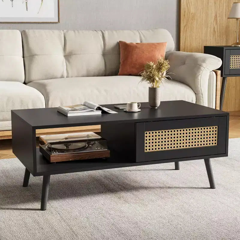 Table basse en bois – Noir/Chêne/Blanc, Boho, Porte coulissante et Étagère ouverte, 1 personne