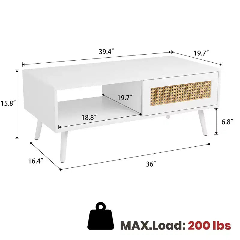 Table basse en bois – Noir/Chêne/Blanc, Boho, Porte coulissante et Étagère ouverte, 1 personne