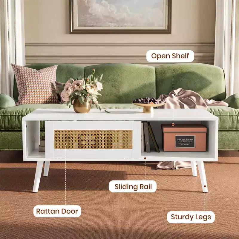 Table basse en bois – Noir/Chêne/Blanc, Boho, Porte coulissante et Étagère ouverte, 1 personne
