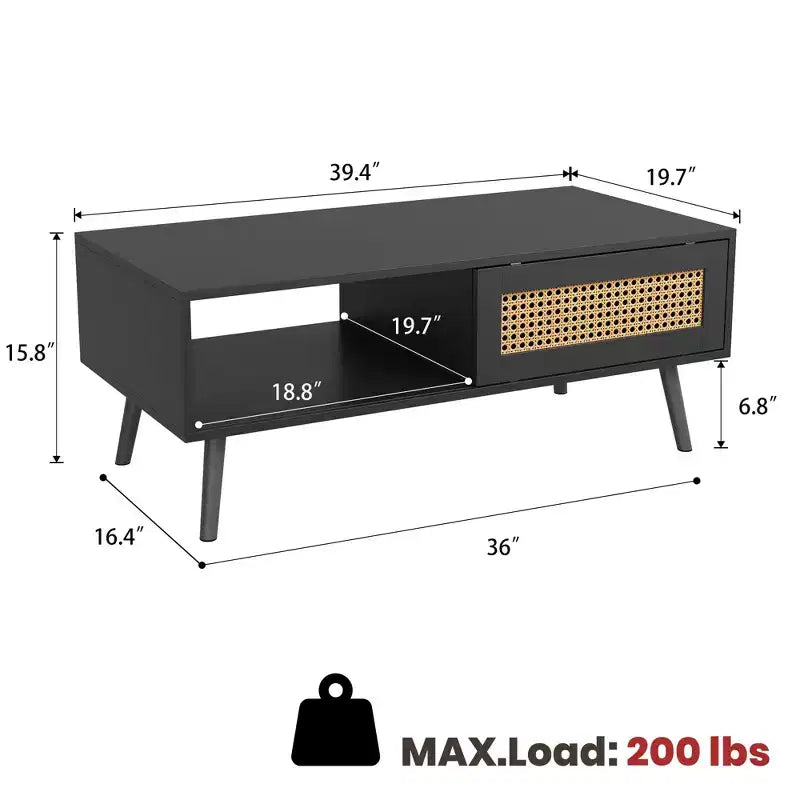 Table basse en bois – Noir/Chêne/Blanc, Boho, Porte coulissante et Étagère ouverte, 1 personne
