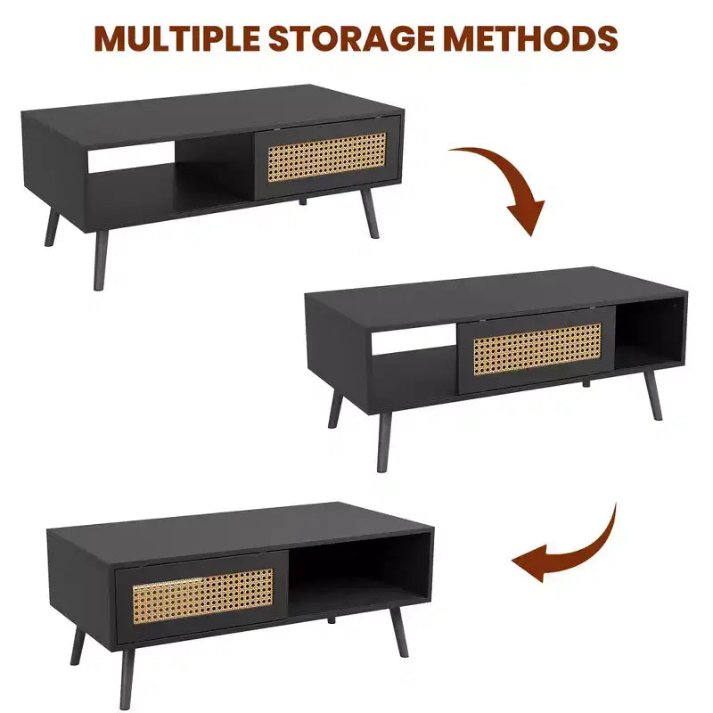 Table basse en bois – Noir/Chêne/Blanc, Boho, Porte coulissante et Étagère ouverte, 1 personne
