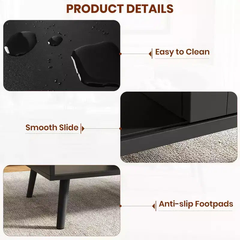 Table basse en bois – Noir/Chêne/Blanc, Boho, Porte coulissante et Étagère ouverte, 1 personne