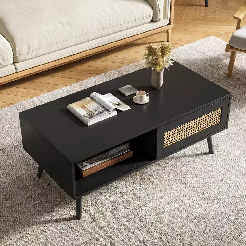Table basse en bois – Noir/Chêne/Blanc, Boho, Porte coulissante et Étagère ouverte, 1 personne