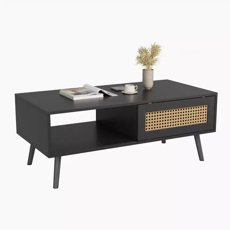 Wood Coffee Table with Storage, Boho Center Sofa Table with Sliding Door and Open Shelf for Living Room, Bedroom, Easy Assembly