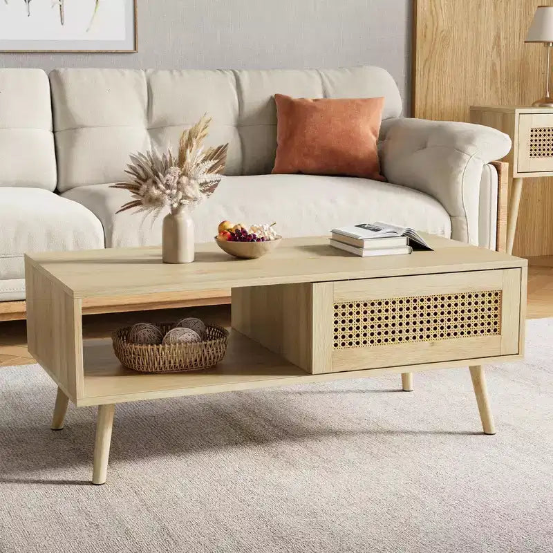 Table basse en bois – Noir/Chêne/Blanc, Boho, Porte coulissante et Étagère ouverte, 1 personne