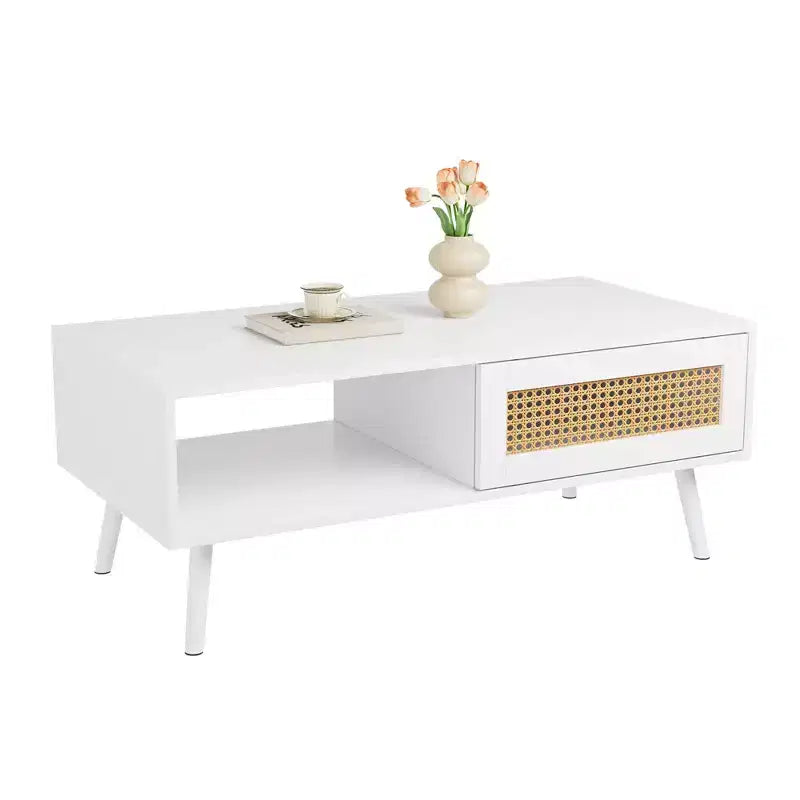 Table basse en bois – Noir/Chêne/Blanc, Boho, Porte coulissante et Étagère ouverte, 1 personne