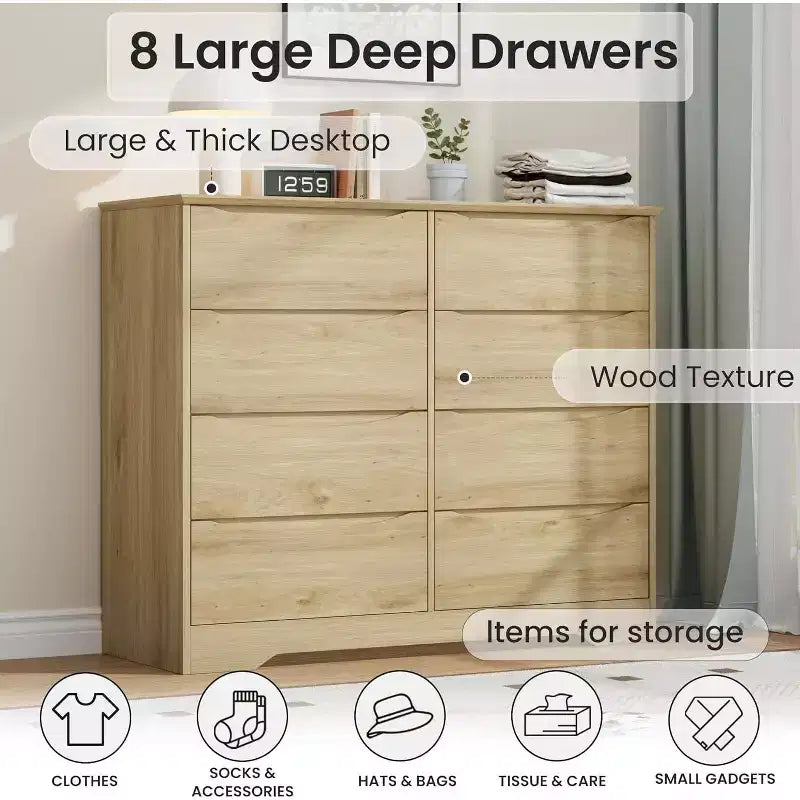 Commode en bois à 8 tiroirs, armoire moderne avec rangement profond, grande commode avec plateau large, longue commode de rangement pour chambre à coucher, salon.
