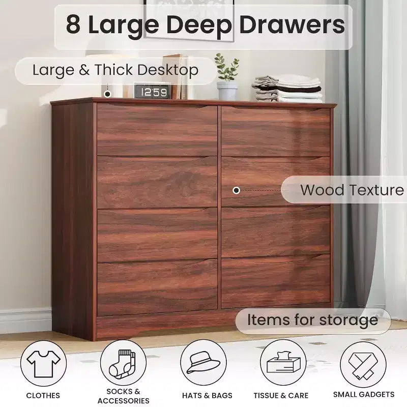 Commode en bois à 8 tiroirs, armoire moderne avec rangement profond, grande commode avec plateau large, longue commode de rangement pour chambre à coucher, salon.