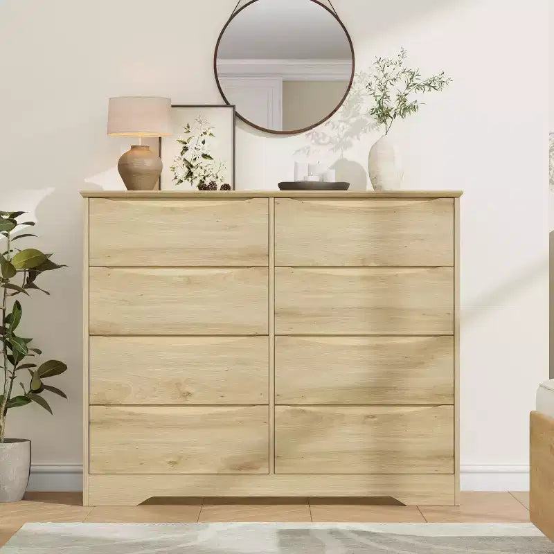 Commode en bois à 8 tiroirs, armoire moderne avec rangement profond, grande commode avec plateau large, longue commode de rangement pour chambre à coucher, salon.