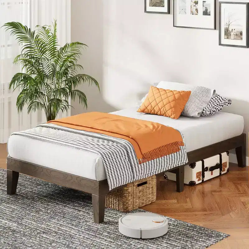 Ora Maison Solid Wood Bed Frame, 14 Slats Support, No Box Spring Needed, Eco-Friendly Solid Wood Platform Bed with Protective Pads