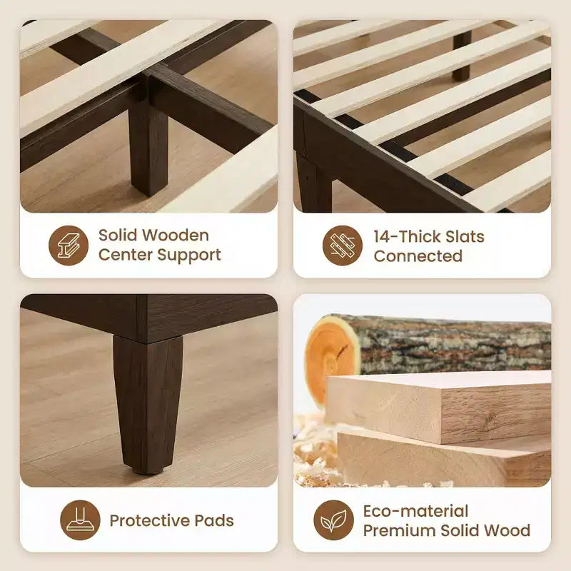 Cadre de lit en bois massif Ora Maison, support à 14 lattes, pas besoin de sommier tapissier, lit plateforme écologique en bois massif avec patins de protection