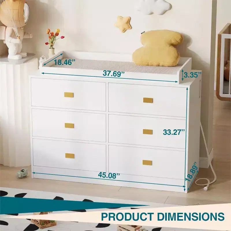 Commode à langer en bois blanc avec poignées dorées, style moderne, pour nourrissons de 0 à 3 ans