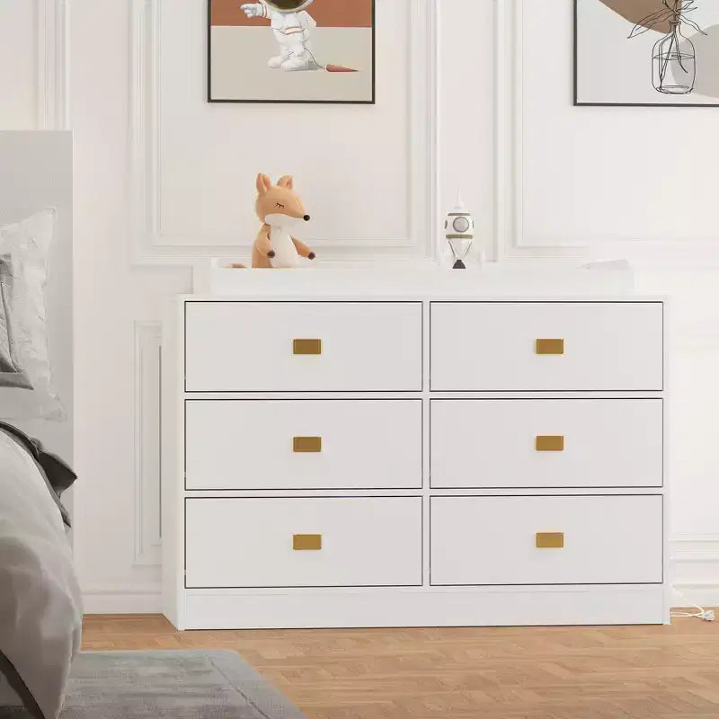 Commode à langer en bois blanc avec poignées dorées, style moderne, pour nourrissons de 0 à 3 ans