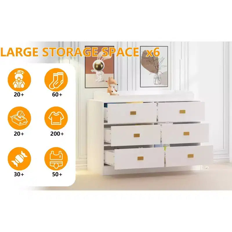Commode à langer en bois blanc avec poignées dorées, style moderne, pour nourrissons de 0 à 3 ans