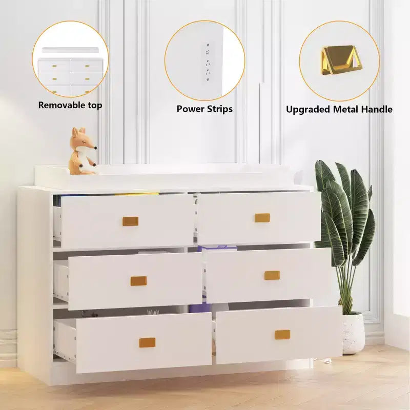 Commode à langer en bois blanc avec poignées dorées, style moderne, pour nourrissons de 0 à 3 ans