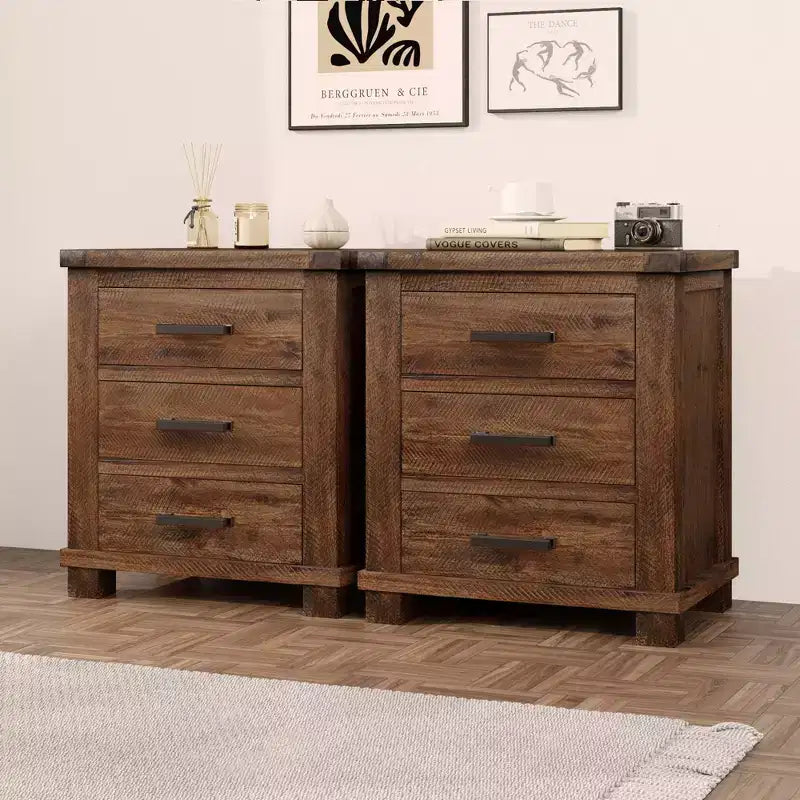 Table de chevet rustique à 3 tiroirs en bois massif recyclé, lot de 2 (BS531408AAD)
