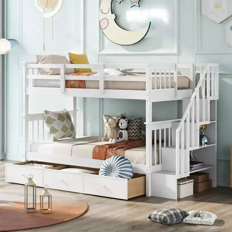 Luxystar Lit superposé jumeau sur jumeau avec 3 tiroirs et étagères pour appartement et dortoir