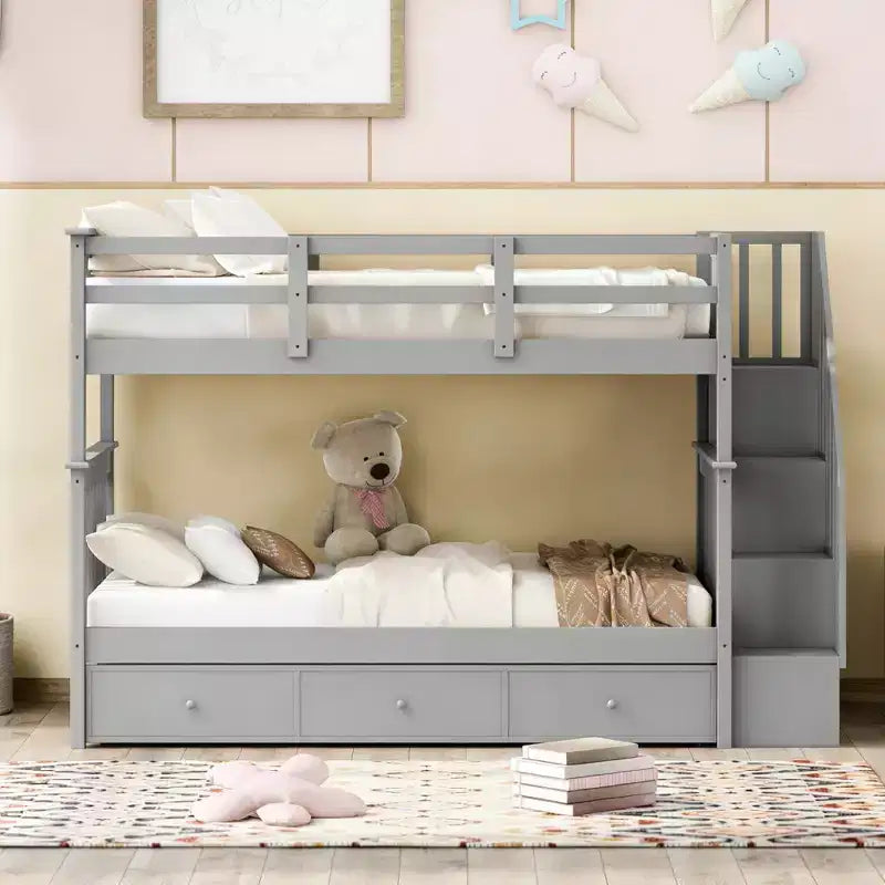 Luxystar Lit superposé jumeau sur jumeau avec 3 tiroirs et étagères pour appartement et dortoir