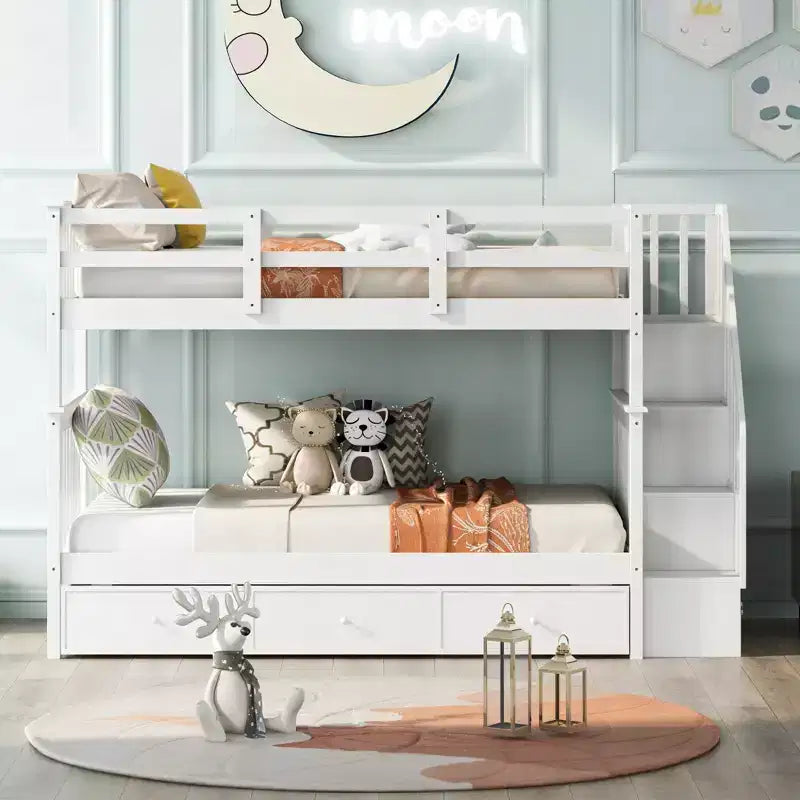 Luxystar Lit superposé jumeau sur jumeau avec 3 tiroirs et étagères pour appartement et dortoir