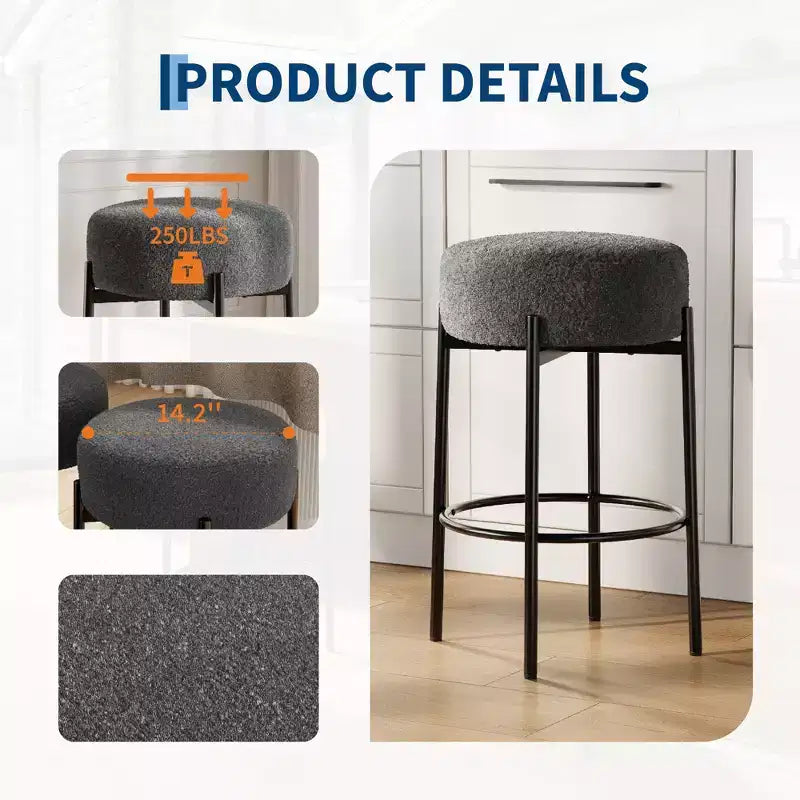 Lot de 2 tabourets de bar modernes hauteur comptoir 61 cm avec assise souple, sans dossier et pieds en métal pour îlot de cuisine, bar ou salle à manger