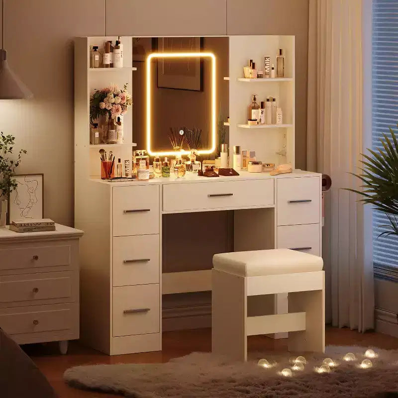 Coiffeuse avec miroir et chaise, 7 tiroirs, support sèche-cheveux, pour chambre à coucher, maison