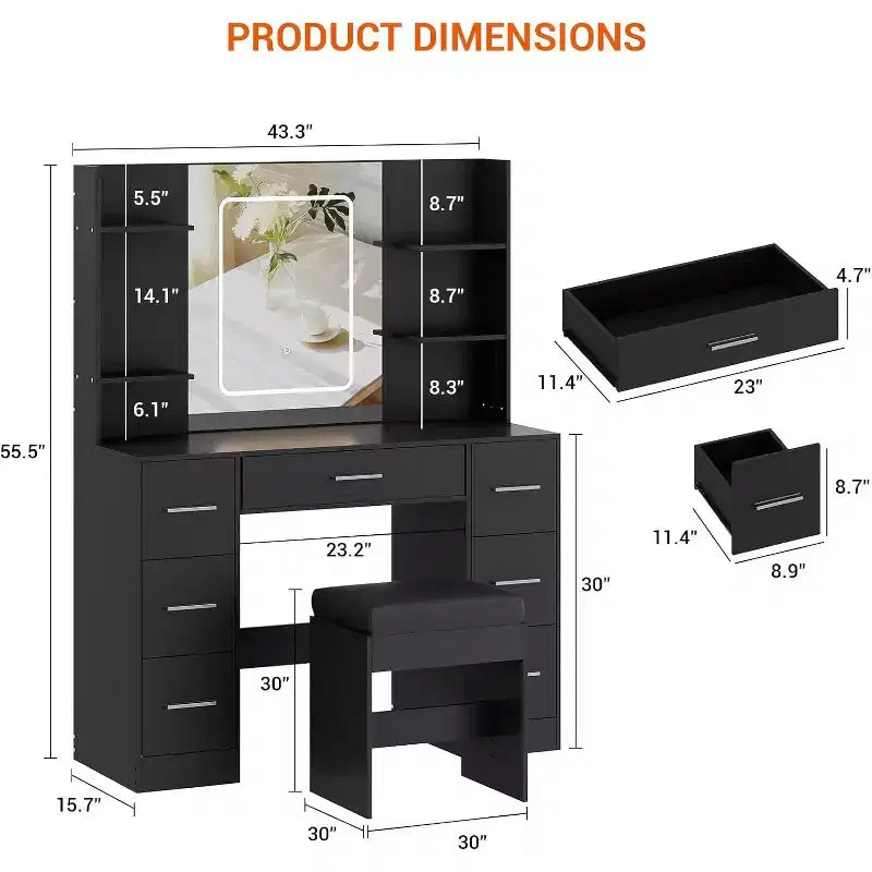 Coiffeuse avec miroir et chaise, 7 tiroirs, support sèche-cheveux, pour chambre à coucher, maison