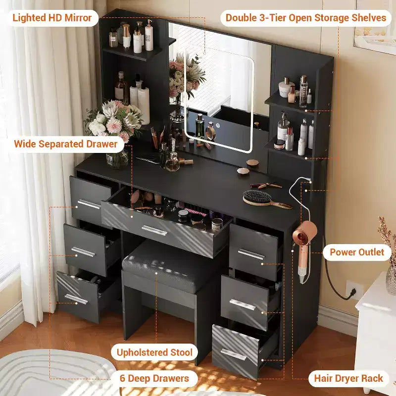 Coiffeuse avec miroir et chaise, 7 tiroirs, support sèche-cheveux, pour chambre à coucher, maison