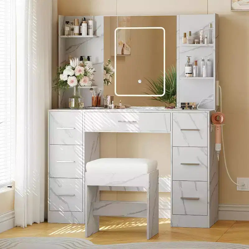 Coiffeuse avec miroir et chaise, 7 tiroirs, support sèche-cheveux, pour chambre à coucher, maison