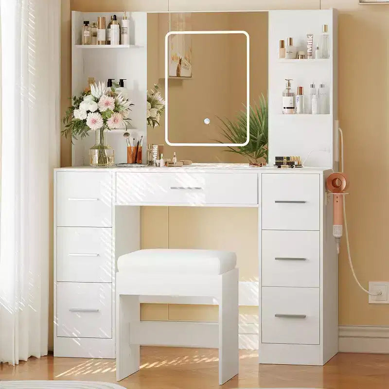 Coiffeuse avec miroir et chaise, 7 tiroirs, support sèche-cheveux, pour chambre à coucher, maison