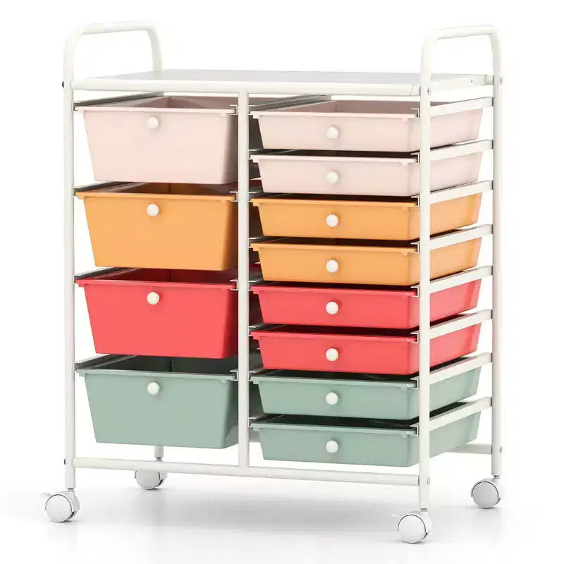 Costway Chariot de rangement roulant à 12 tiroirs amovibles avec roulettes verrouillables pour bureau Macaron Multicolore
